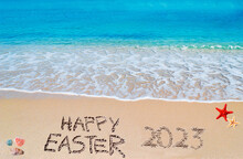Happy Easter 2023 Written On A Tropical Beach