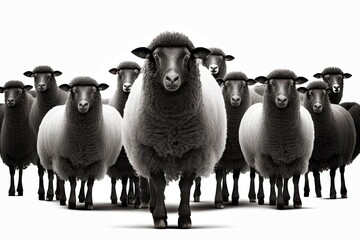 Wall Mural - flock of black sheep in herd isolated on white background, created with generative ai