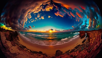 Wall Mural - A stunning sunset over the ocean with colorful clouds 35mm lens f/4 vivid wide  Generative AI