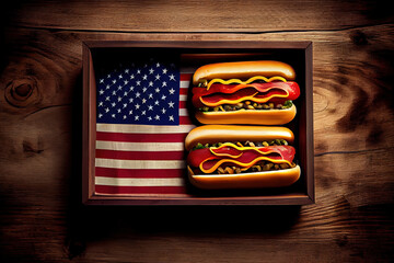 Wall Mural - USA national holiday Labor Day, hot dogs with ketchup and mustard on wood background. Generative Ai