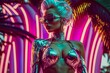 © Karrrtinki - Attractive girl clubbing at the hot summer dance party. Neon light. Palm trees on background. Vacation nightlife.