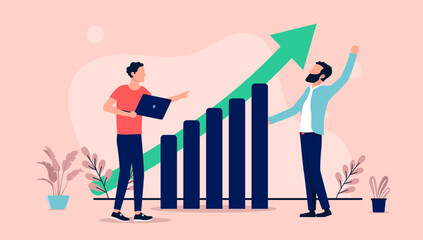 Aufkleber - People with rising graph - Two investor businessmen cheering and celebrating profits in front of diagram and green arrow pointing up. Flat design vector illustration