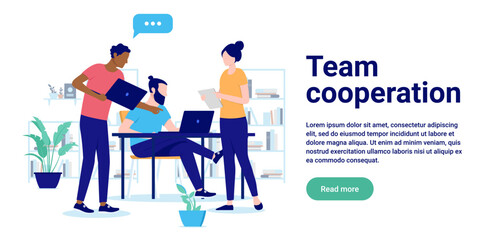 Poster - Team cooperation - People working together, supporting and helping each other in offie workplace. Teamwork concept, flat design vector illustration with white background