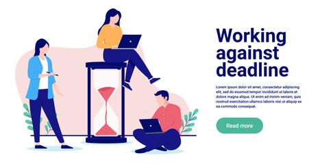 Poster - Working against deadline - Team of office people doing computer work around hour glass. Flat design vector illustration with white background and copy space for text
