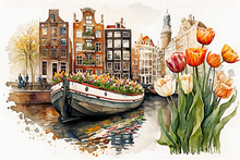 AI Generative Art, Abstract Amsterdam City View With Nordic Architecture And Tulips Flower, Travel Concept Poster
