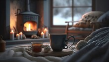 Cozy Winter Scene With Fireplace And Hot Cocoa And Winter Related Things