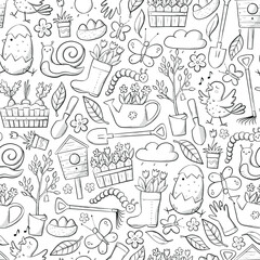 Wall Mural - Spring and Easter monochrome seamless pattern with hand drawn doodles for kids coloring books, prints, wallpaper, wrapping paper, scrapbooking, stationary, activities, etc. EPS 10