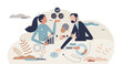 © VectorMine - Business model canvas as company model planning and market strategy tiny person concept, transparent background. Teamwork together as corporation plan analysis and pros cons research illustration.