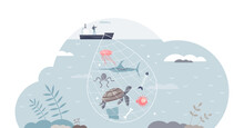 Bycatch As Unwanted Catch In Ocean Or Sea With Unintentionally Species Tiny Person Concept, Transparent Background. Industrial Fishing Problem With NOAA Fisheries Discarded Catches.