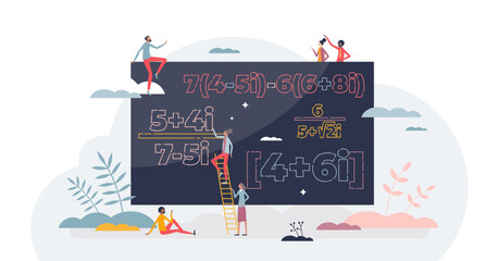 Wall Mural - Complex numbers equation study or solving mathematical problems tiny person concept, transparent background. Blackboard with difficult math or algebra theory functions.