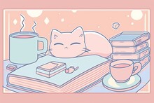 Lofi Anime Manga Background Of Sleeping Cat. Generative AI