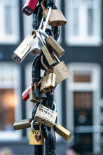 A Lot Of Love Padlocks Attached To A Chain In Amsterdam Netherlands