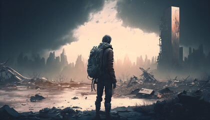 Wall Mural - A man standing against the backdrop of a ruined city, ruined city buildings, flying debris and debris, fire and smoke. A post-apocalyptic plot. Surviving alone