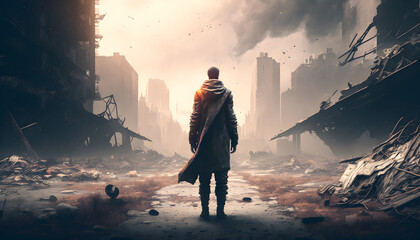 Wall Mural - A man standing against the backdrop of a ruined city, ruined city buildings, flying debris and debris, fire and smoke. A post-apocalyptic plot. Surviving alone