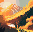 couple taking a tour in the mountains, sunrise, sunset, walking, trekking, wanderers, two people, summer, autumn, atmospheric light, Vector Illustration