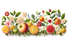 Colorful Flowers And Fruits On White Background, Illustration Generative Ai
