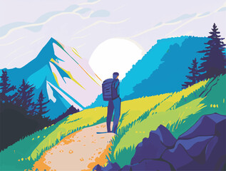 Colorful Vector Illustration of hiker on a trail in the mountains, beautiful view, nature, backpacking, wanderer, wayfarer 