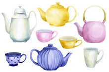 Watercolor Drawing, Set Of Teapots And Cups. Cute Vintage Teapots And Mugs For Tea