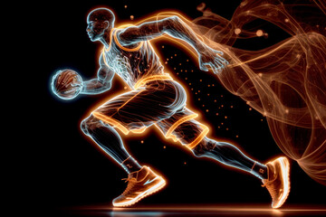 Wall Mural - Basketball player with bright glowing abstract lines. Generative ai