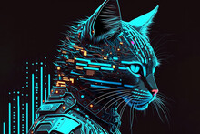 Neon Cyber Cat On Black Background, Digital Art, Futuristic Character, Cyberpunk Style. Robotic Hacker, Image Is AI Generated. Future Technologies.