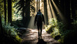 © AstralAngel - Person walking in a spring forest, hiking concept (created with Generative AI)