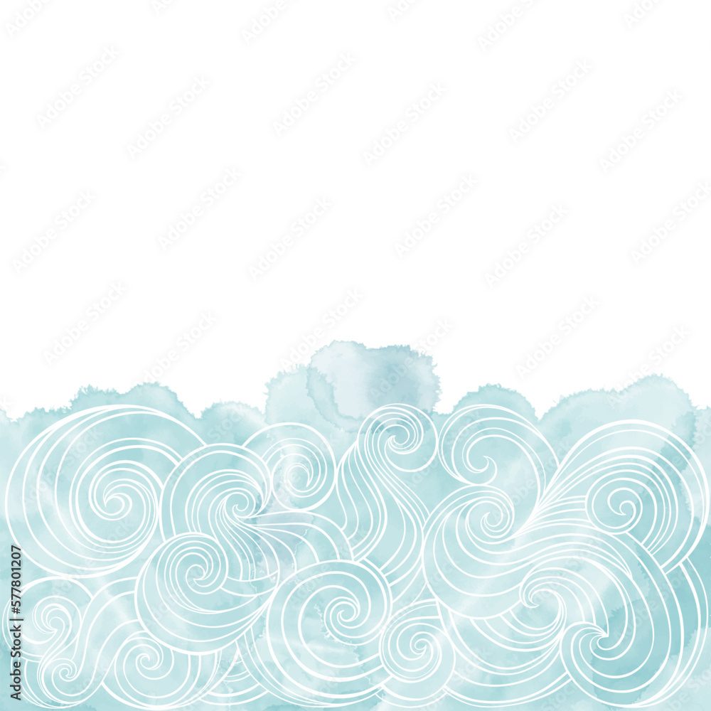 Waves on a blue watercolor background. Vector background on a sea theme ...