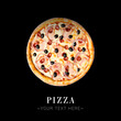 Top view of traditional Italian uncut meat pizza with ham, bacon, mozzarella cheese, black olives, onion rings isolated on black background with text and copy space
