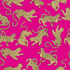 Wall Mural - seamless pattern with yellow leopards on a pink background. Vector design for the textile industry.