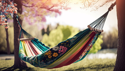 Hammock between spring trees advertising banner background, commercial template with copy space (created with Generative AI)