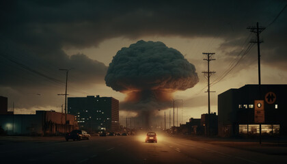 Wall Mural - Mushroom cloud after atomic bomb explosion in city. The concept of nuclear war. AI generated