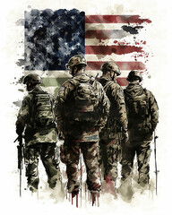 a group of soldiers standing in front of an american flag, us soldiers, military art, Memorial day , art illustration 