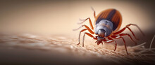Infected Tick On Human Skin. Ixodes Lyme Ricinus Mite Banner. Dangerous Biting Insect Macro Photo. AI Generation