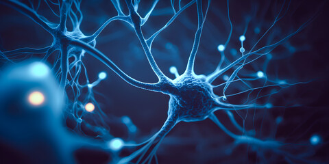 nerve cell blue color banner, system neuron of brain with synapses. medicine biology background. gen