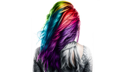 Woman with creative hairstyle multi colored rainbow hair on white isolated background. Generation AI