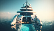 Luxury Super Yacht With A Swimming Pool And A Jacuzzi. Big Luxury Yacht Anchoring In Ocean. Generative Ai
