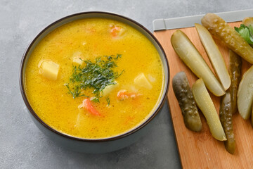 Wall Mural - Cucumber soup - traditional Polish soup with pickled cucumbers, potatoes, carrots and dill