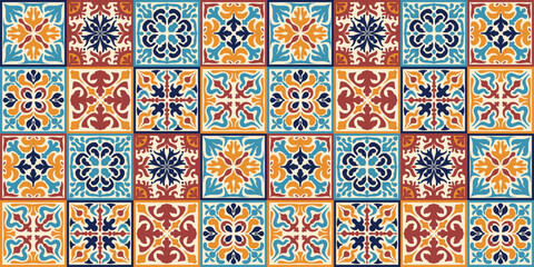 seamless moroccan mosaic tile pattern with colorful patchwork. vintage portugal azulejo, mexican tal