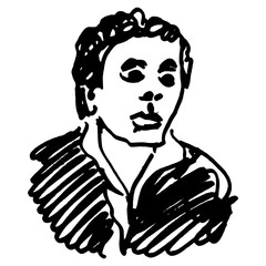 Wall Mural - Portrait of a young man. French guy. Romantic hero. Hand drawn linear doodle rough sketch. Black silhouette on white background.