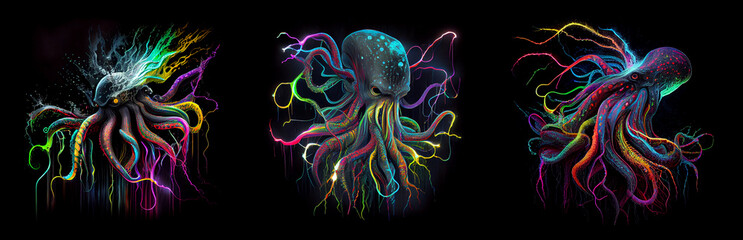 Multicolored kraken or an octopus monster on black background. AI generative.