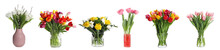 Collage With Many Beautiful Flowers In Different Vases On White Background