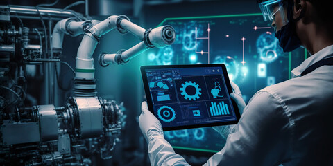 Manager Technical Industrial Engineer who works with robotics and controls it on the tablet with the help of the appropriate software via the network connection. Automated robot arm controlled by AI.