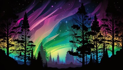 Wall Mural - Aurora borealis over silhouettes of forest with evergreen trees, AI generative