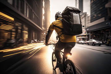 Generative AI Illustration of a delivery rider riding a bicycle through the city with his delivery backpack on his back riding through the city