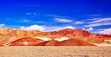 Beautiful Spectacular Desert Landscape With Red Orange Sandstone Hills And Mountains In Contrast With Blue Summer Sky - Salar De Atacama, Chile