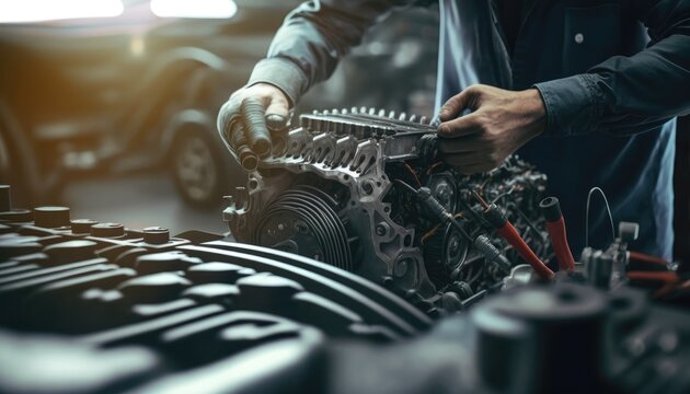 repairman hands repairing a car engine automotive workshop with a wrench, automobile mechanic car se