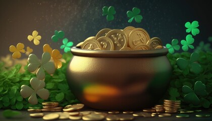 St. Patrick's Day backdrop, creative Abstract festive background with Pot of gold coins, clover leaves and rainbow