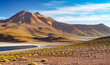 Beautiful dry arid wild landscape,  two lakes in andes mountains high plains - Laguna Miniques and Miscanti, Atacama desert, Chile