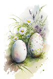 Fototapeta Mapy - Easter decoration concept. Floral watercolor painting on white background. AI generated.