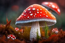 Red And White Mushroom Close-up Illustration. Generative AI.