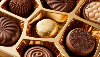 Gold luxury sweet chocolate candies pralines in golden box. Generative AI